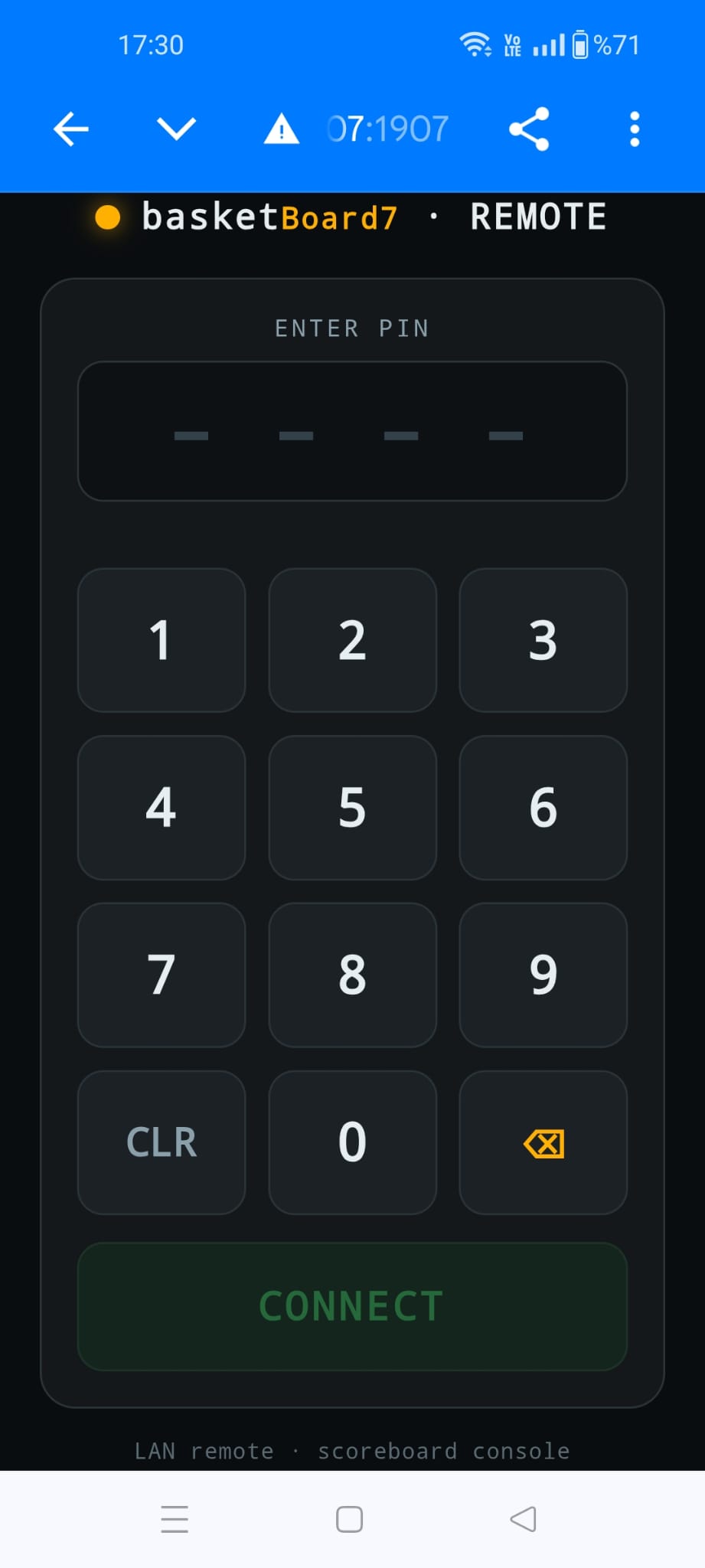 basketBoard remote control PIN login screen