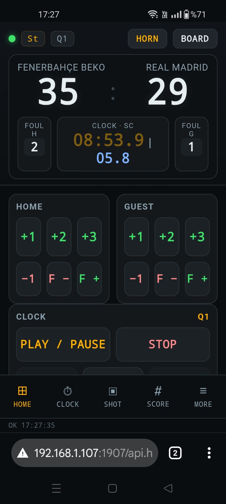 basketBoard remote HOME tab — score, fouls, clock, shot clock, period