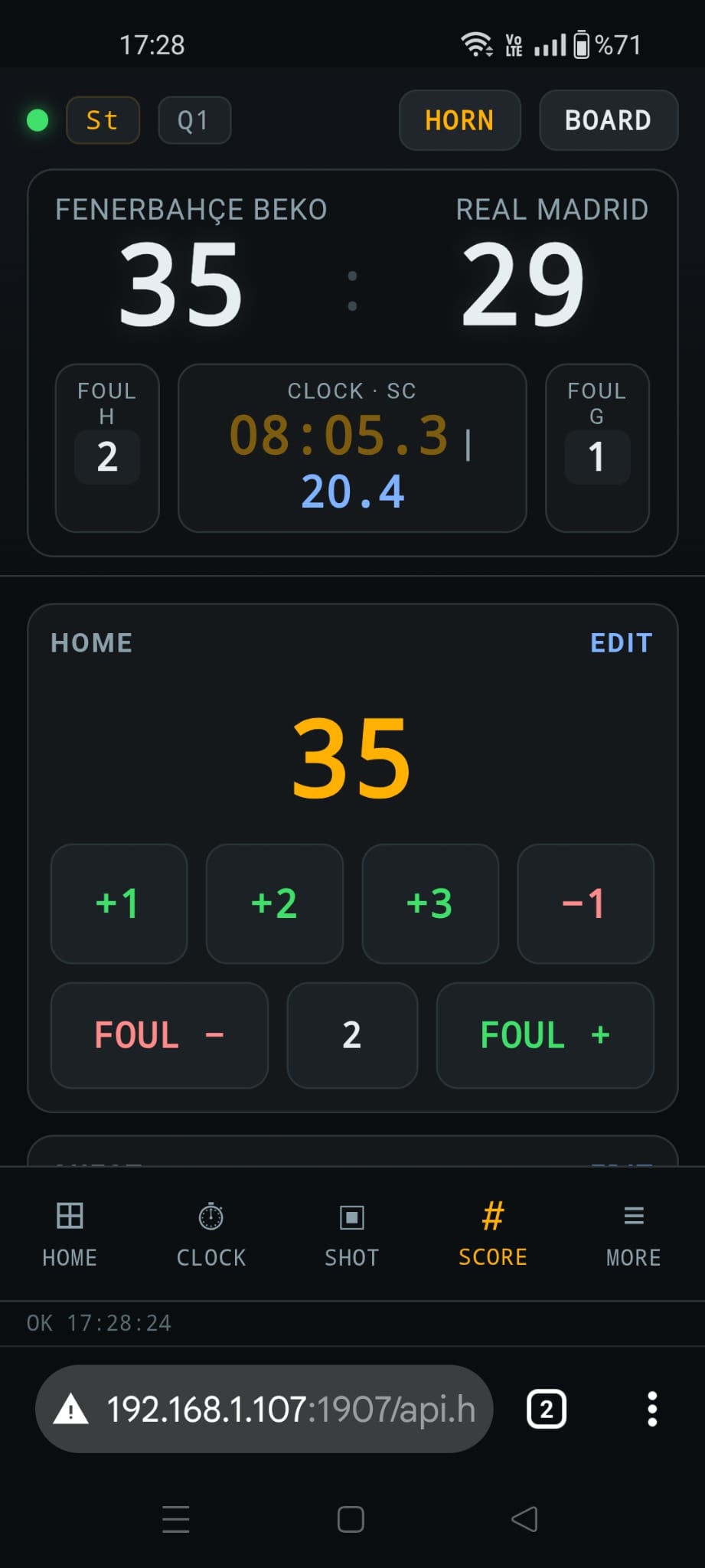 basketBoard remote SCORE tab — score management