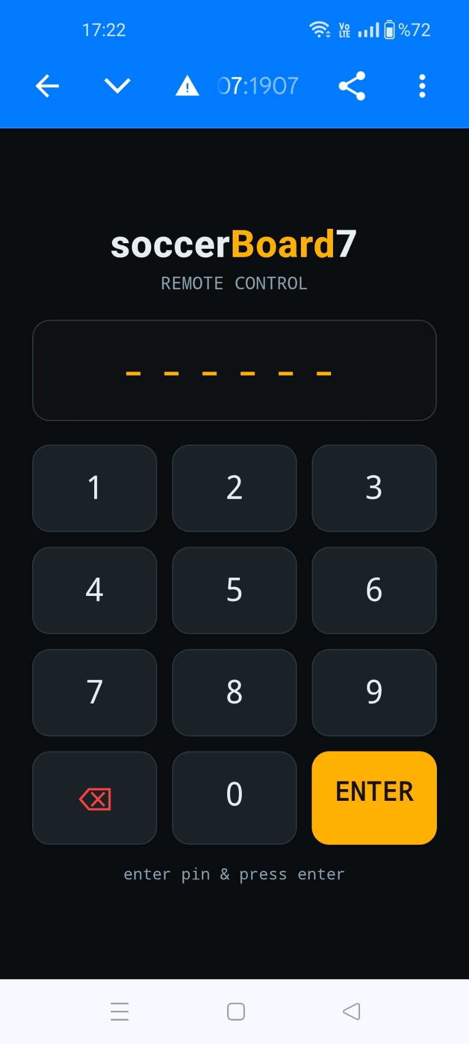 soccerBoard remote control PIN login screen
