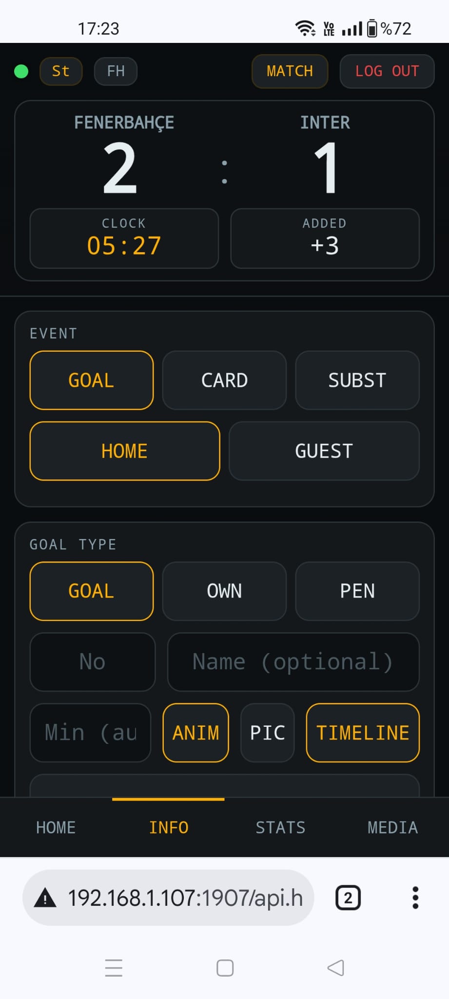 soccerBoard remote INFO tab — goals, cards, substitutions