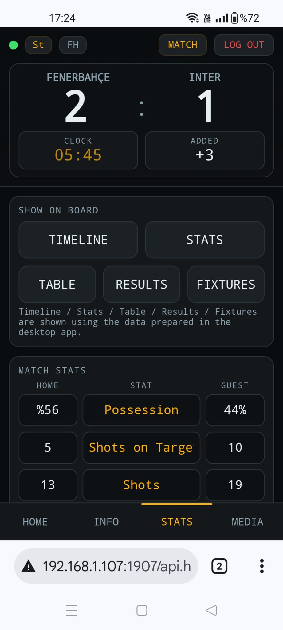 soccerBoard remote STATS tab — statistics, standings, timeline, fixtures