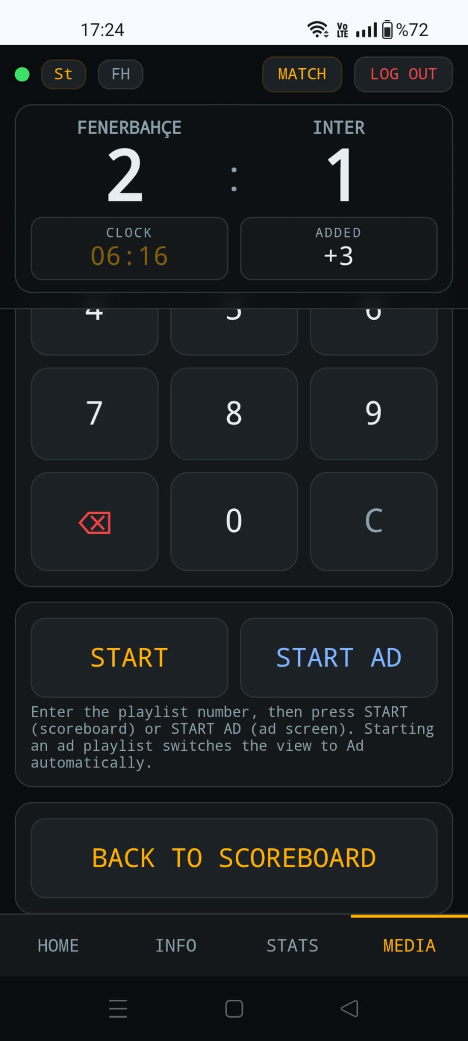 soccerBoard remote MEDIA tab — media player playlists