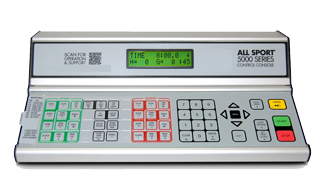 Electronic scoreboard console connected to basketBoard7 over TCP — table officials drive the LED display