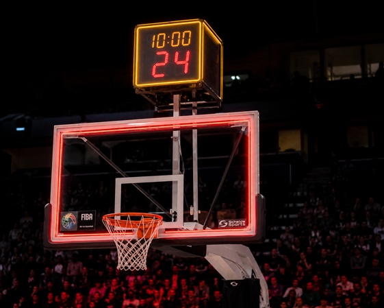 basketBoard7 UDP broadcast driving backboard red frame LEDs, yellow shot-clock light and above-backboard shot clock display